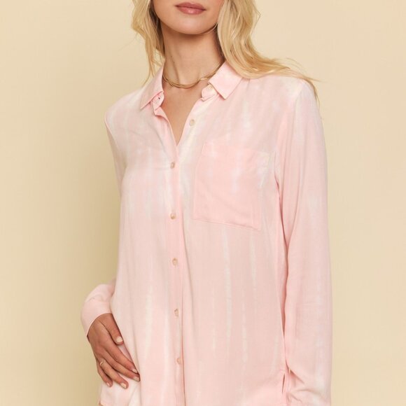 MYSTREE Pink Tie-Dye Button Down Blouse, Long Sleeve Collared Shirt, Casual Chic - Picture 2 of 8